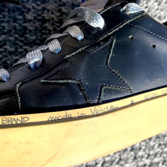 GOLDEN GOOSE HI STAR BLACK LEATHER TRAINERS GOLD DETAIL THICK SOLE EUC SIZE 37 - Picture 14 of 16